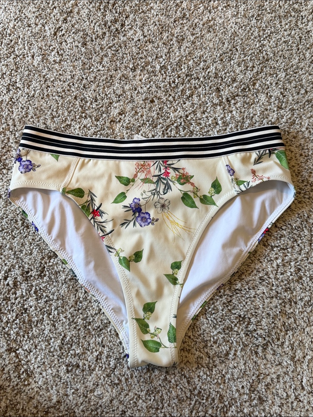 NWOT Athleta Cream Floral Swim Bottoms with Striped Waistband